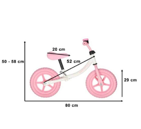 Bicicleta de echilibru fara pedale cu claxon KESNUP, pentru copii 2-6 ani, cadru din otel usor, roti pneumatice si elastice care absorb socurile, scaun (32-42 cm) si ghidon (50-58 cm) reglabile, manere antialunecare, greutate maxima 30 kg, Roz