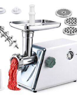 "Masina de tocat carne electrica cu 3 site si putere 2800W KESNUP, multifunctionala, functie de inversare rotatie, control al texturii carnii, site: 3 mm, 5 mm 7 mm, include accesorii pentru umplerea carnatilor, dimensiuni 34 x 33.5 x 9 cm, Alb / Argintiu"