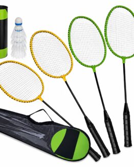 Set badminton cu 4 palete si accesorii KESNUP, include 3 fluturasi, ideal pentru jocul in vacanta, plaja, gradina, constructie usoara, materiale durabile, husa de protectie si transport, Galben / Verde / Negru