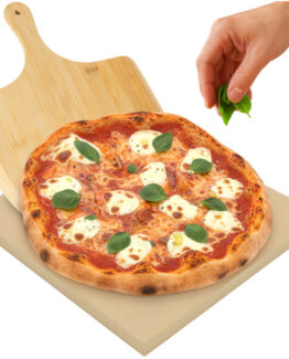 Set de coacere pizza format din piatra cordierit si spatula din bambus KESNUP, rumenire uniforma, dimensiune piatra 38 x 36 x 1.25 cm, spatula 35 x 29 x 1 cm, ideal pentru cuptor, gratar, pe lemne, rezistenta la caldura, Bej