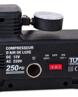 Compresor auto cu indice de presiune KESNUP, alimentare 12V / 230V, presiune de pompare 250 PSI (18 kg/cm²), manometru si accesorii incluse, ideal pentru pomparea rotilor auto, mingilor, saltelelor, Negru