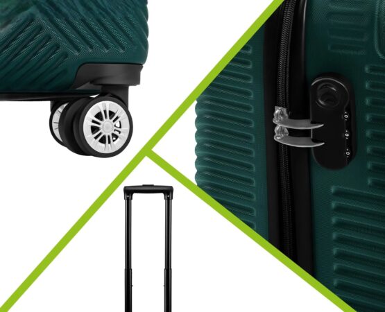 Set 3 trolere pentru calatorii si voiaj KESNUP, bagaje de cala si cabina, rotire silentioasa pivotanta 360 grade, dimensiuni 54 × 36 × 20 cm / 65 × 43 × 25 cm / 74 × 48 × 28 cm, maner telescopic, material ABS premium, inchidere fermoar si cifru, Verde 5 Set 3 trolere pentru calatorii si voiaj KESNUP, bagaje de cala si cabina, rotire silentioasa pivotanta 360 grade, dimensiuni 54 × 36 × 20 cm / 65 × 43 × 25 cm / 74 × 48 × 28 cm, maner telescopic, material ABS premium, inchidere fermoar si cifru, Verde