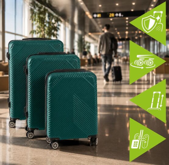 Set 3 trolere pentru calatorii si voiaj KESNUP, bagaje de cala si cabina, rotire silentioasa pivotanta 360 grade, dimensiuni 54 × 36 × 20 cm / 65 × 43 × 25 cm / 74 × 48 × 28 cm, maner telescopic, material ABS premium, inchidere fermoar si cifru, Verde 8 Set 3 trolere pentru calatorii si voiaj KESNUP, bagaje de cala si cabina, rotire silentioasa pivotanta 360 grade, dimensiuni 54 × 36 × 20 cm / 65 × 43 × 25 cm / 74 × 48 × 28 cm, maner telescopic, material ABS premium, inchidere fermoar si cifru, Verde