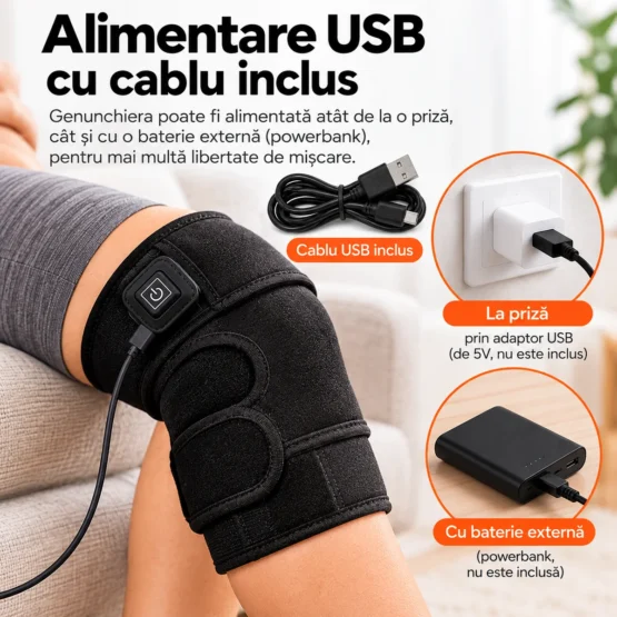 Genunchiera cu incalzire KESNUP – alimentare USB 5V, cablu inclus Genunchiera ortopedica cu incalzire electrica KESNUP, alimentare USB 5V prin adaptor de priza sau baterie externa powerbank, cu cablu USB inclus, pentru confortul genunchilor.